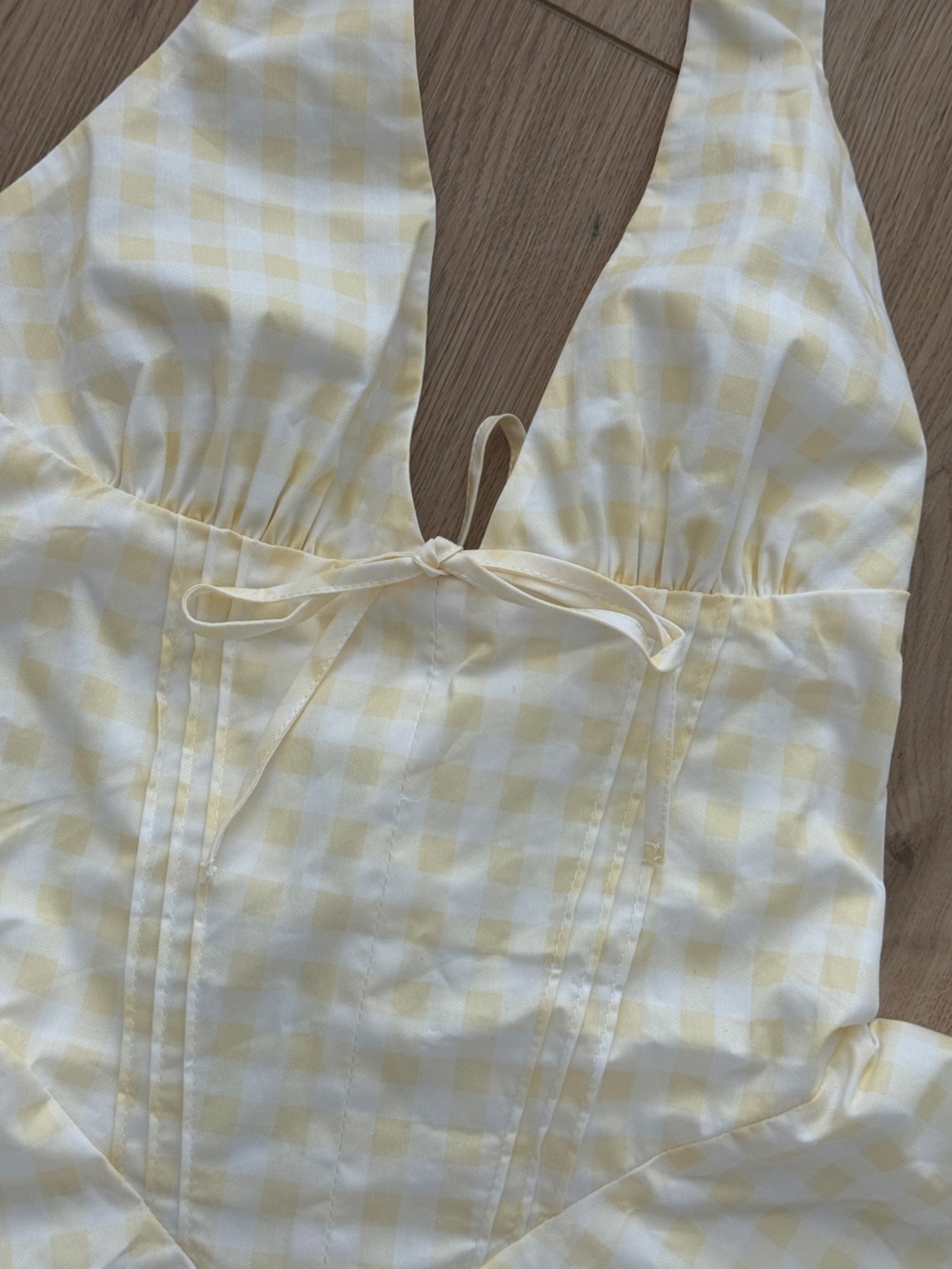 Halter Gingham Mini Dress in Pale Yellow - Picture 2 of 5